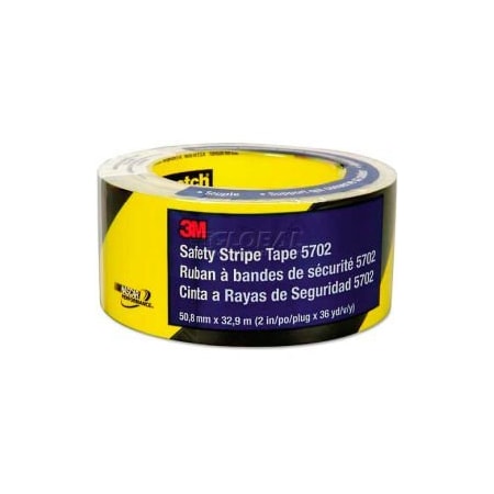 3M„¢ 5702 Caution Stripe Tape, 2W X 108'L, Black/Yellow, 1 Roll